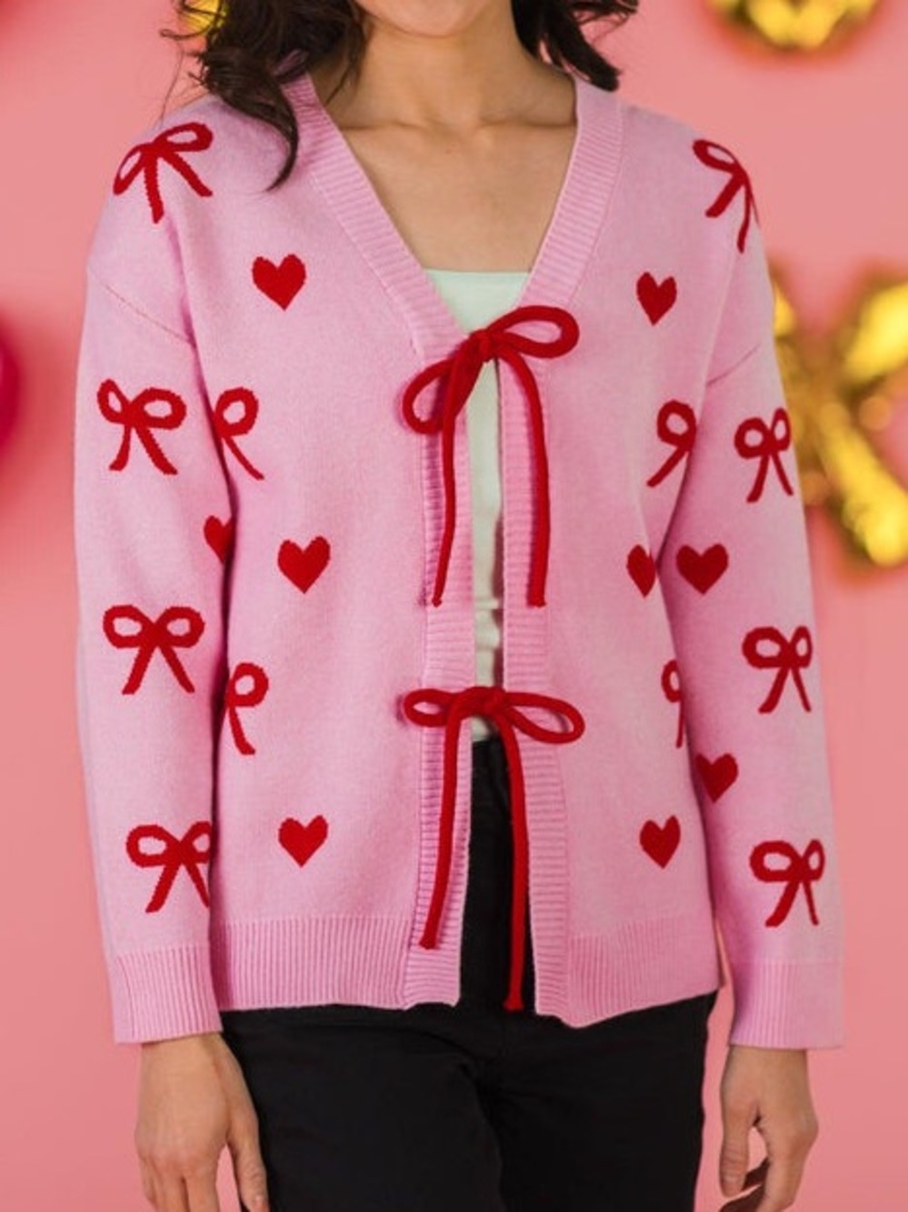 Sparkle In Pink- Pink Heart & Bow Sweater Cardigan Womens Sz: Med